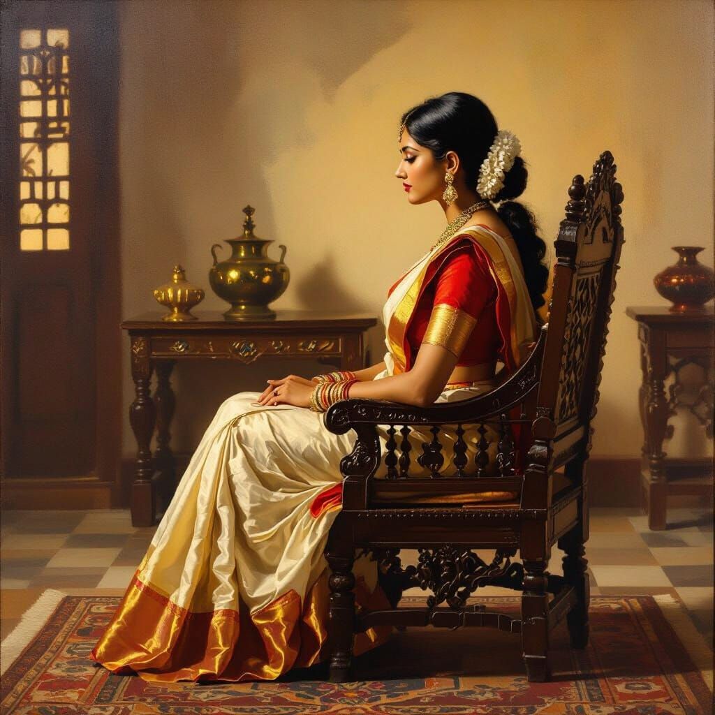 Classical Indian Woman in Traditional Home, Oil Painting