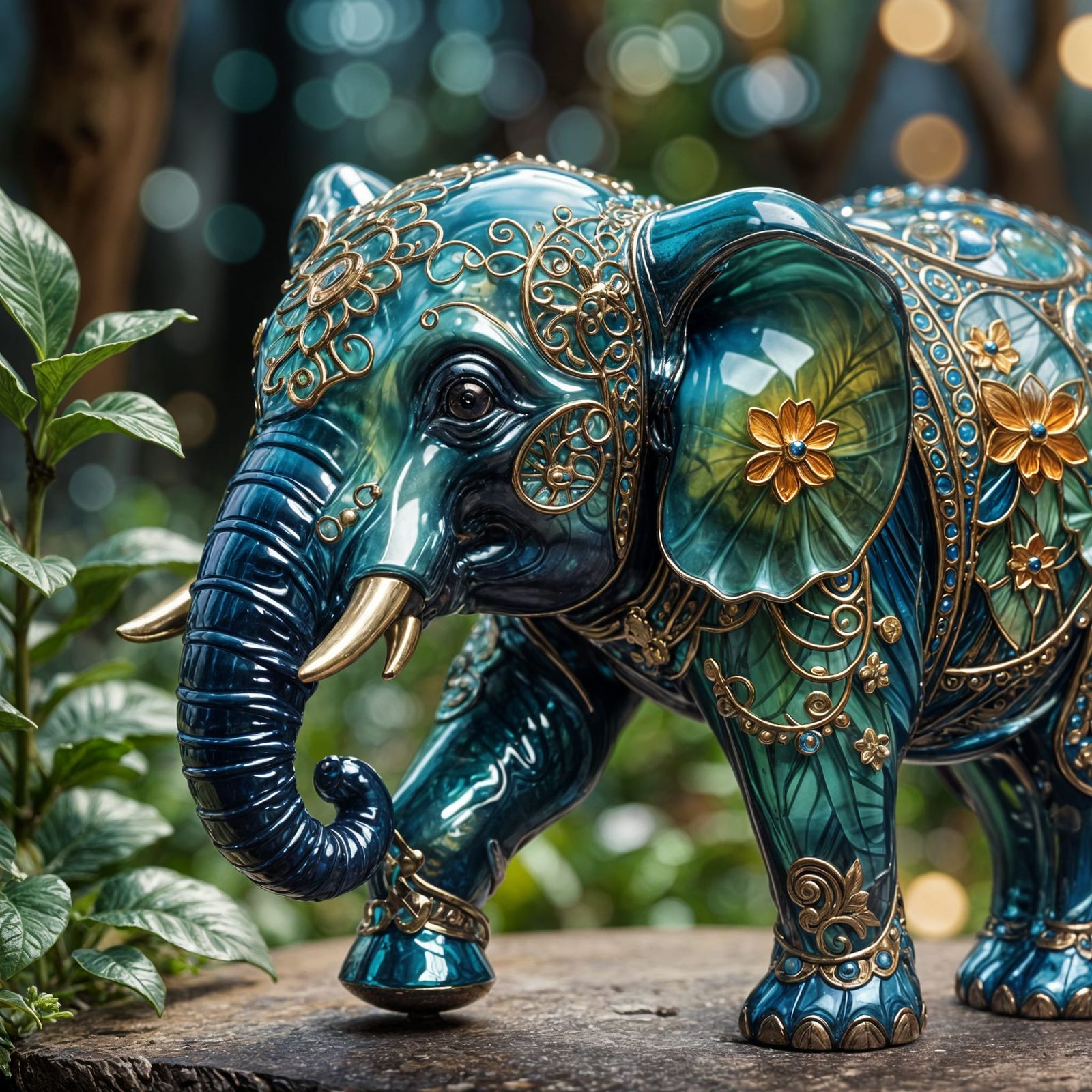 Enameled Glass Elephant Sculpture in Magical Setting