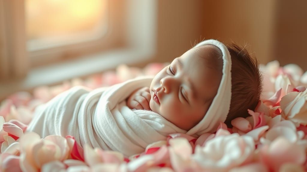 Serene Newborn in Rose Petals, Soft Natural Light