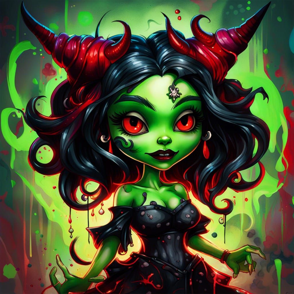 Demoness Witch Portrait in Grotesque Caricature Style