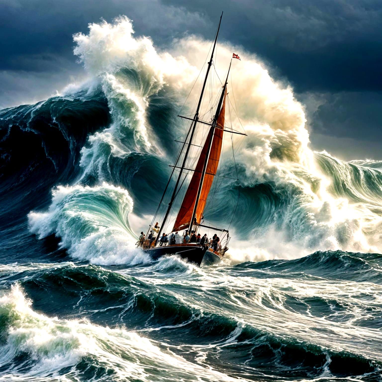 A small sailboat battles a tempestuous storm, its torn sails...