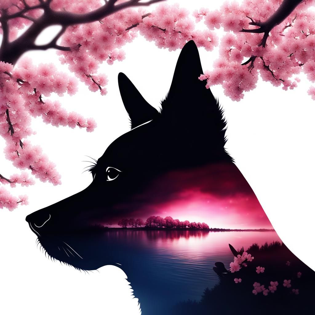 Dog Silhouette Double Exposure with Cherry Blossom Lake