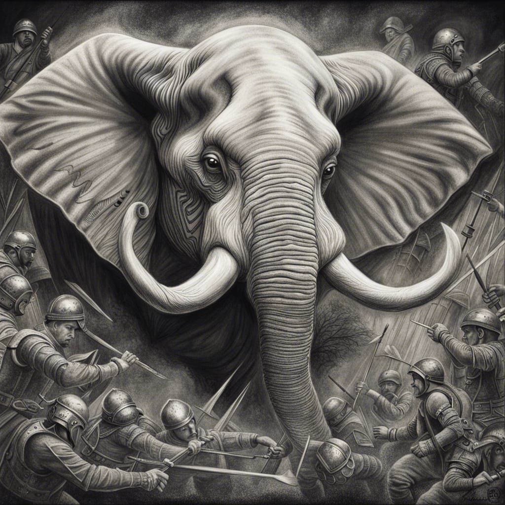 Hyperdetailed Charcoal Drawing of a White Battle Elephant