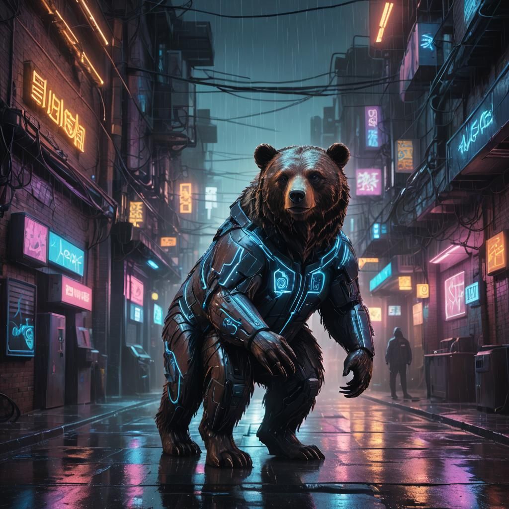 Cyberpunk Bear in Neon Alleyway: Digital Illustration