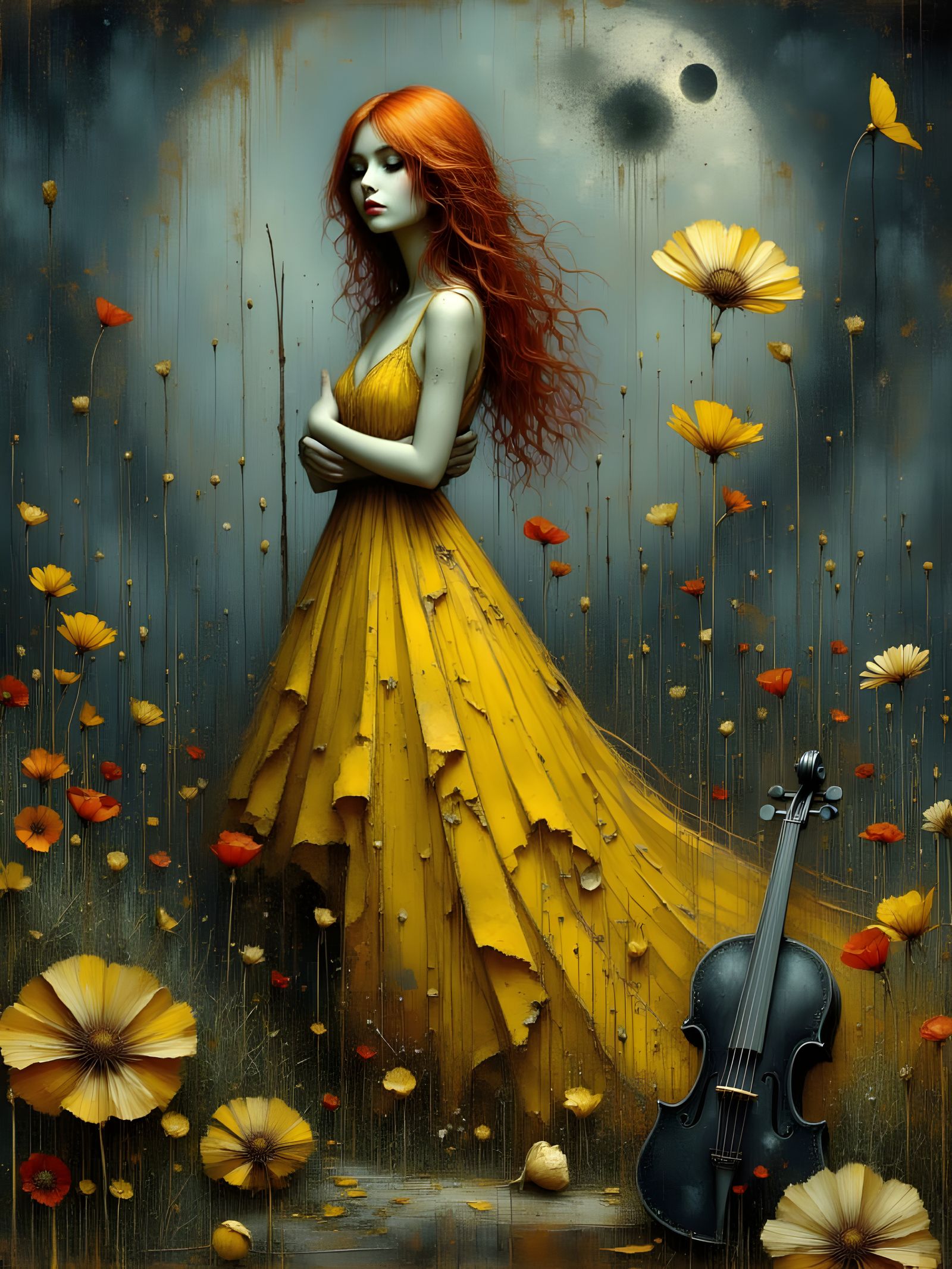 Melancholic Redhead in Moonlit Field as Impasto Painting