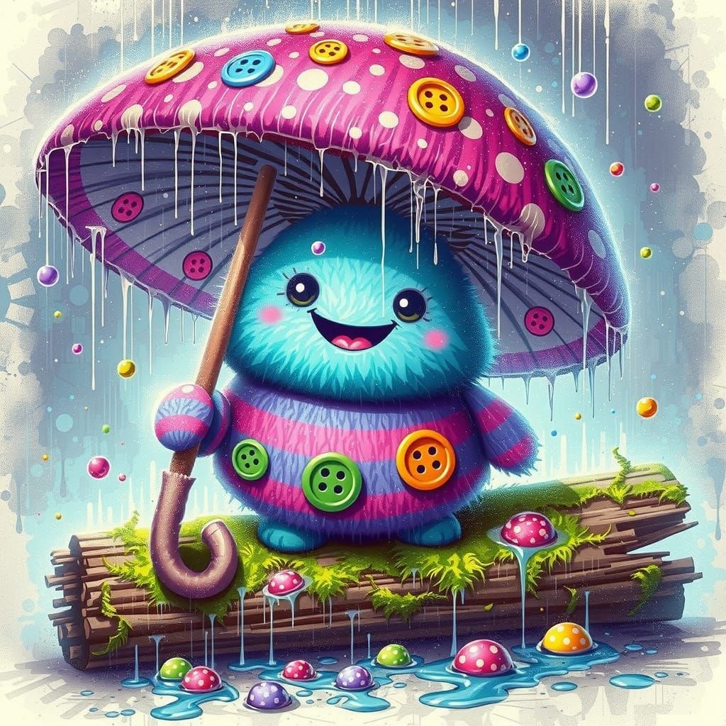 Mushroom Spirit with Button Eyes and Polka-Dot Umbrella