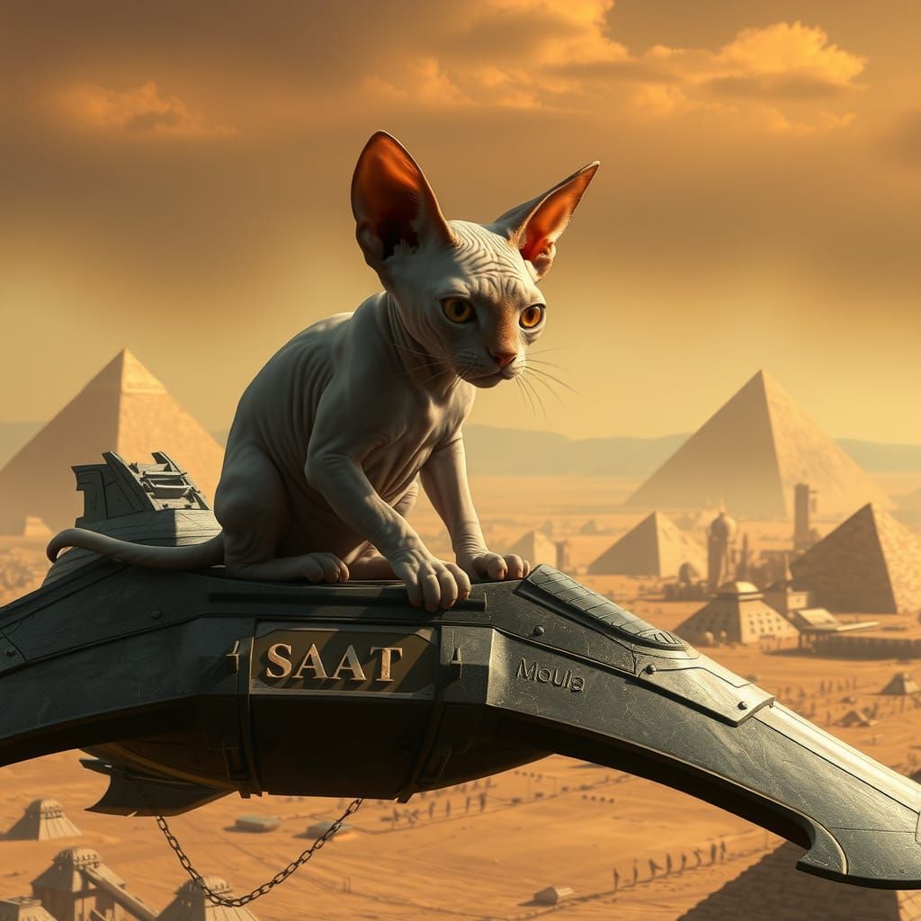 Sphynx Cat in Space Over Ancient Egypt