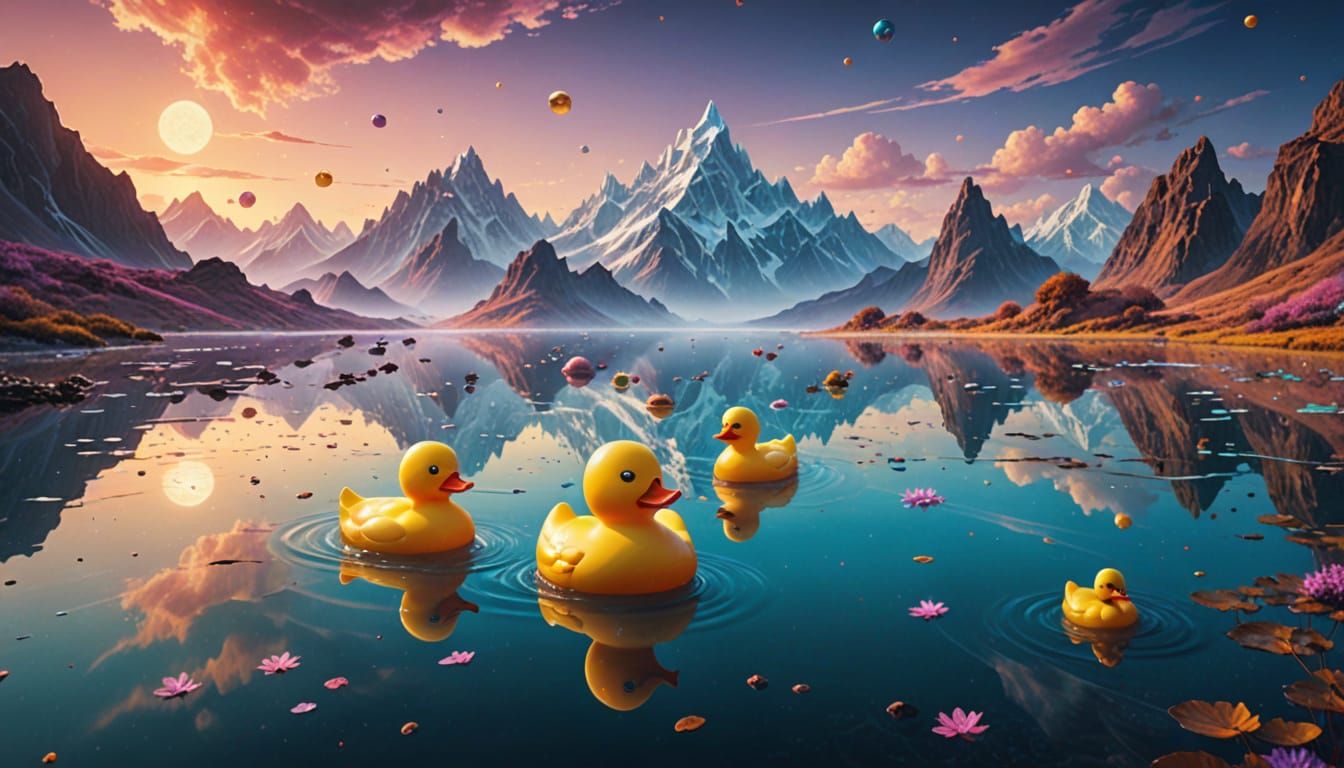 Dreamy Rubber Duck Landscape in Vibrant Neon Colors