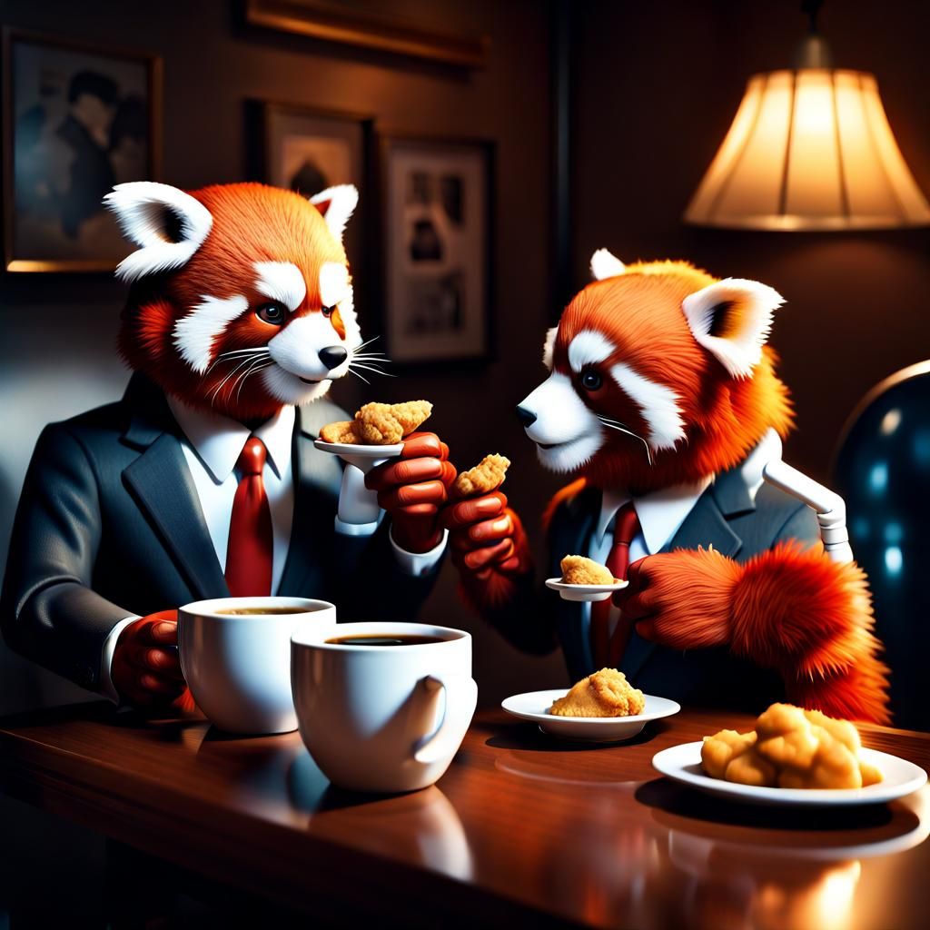 Red Pandas Enjoying Fried Chicken Coffee Break