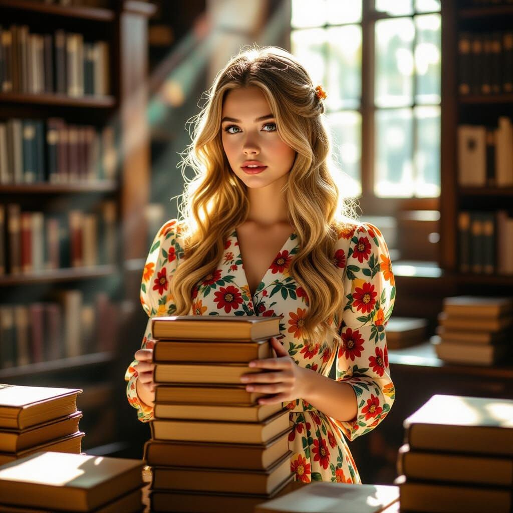 Embarrassed Crossdresser Adjusts Books in Sunlit Library
