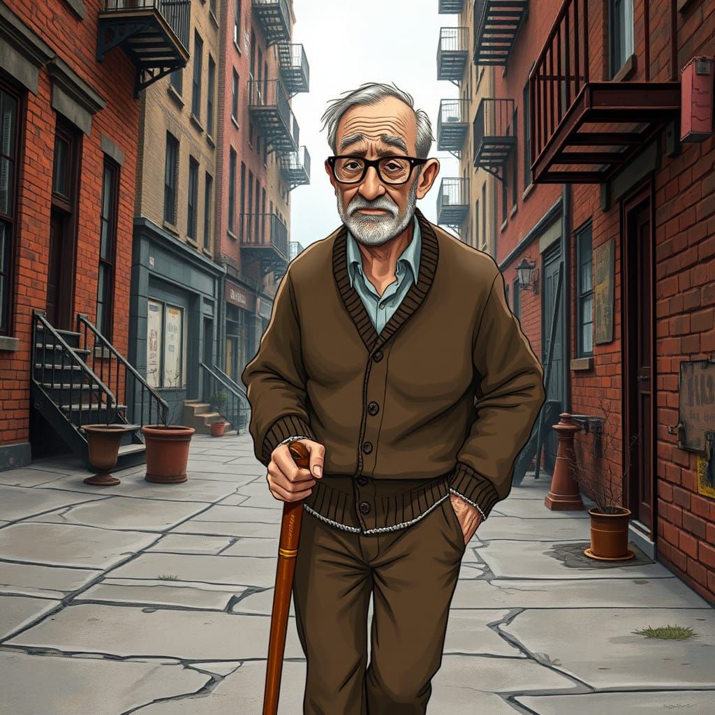 Gruff Gentleman Strolls Down Weathered Sidewalk in Whimsical...