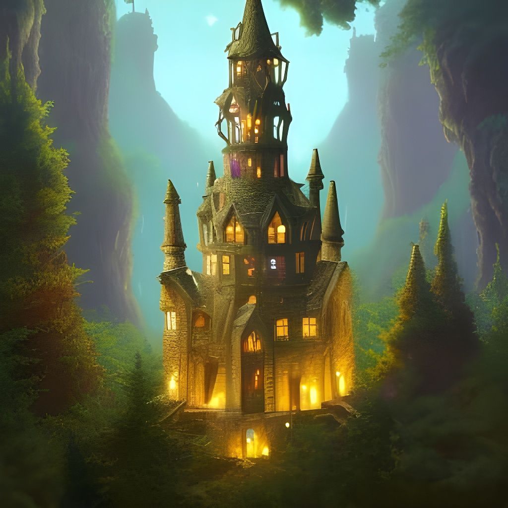 Detailed Wizard Tower Lit at Night