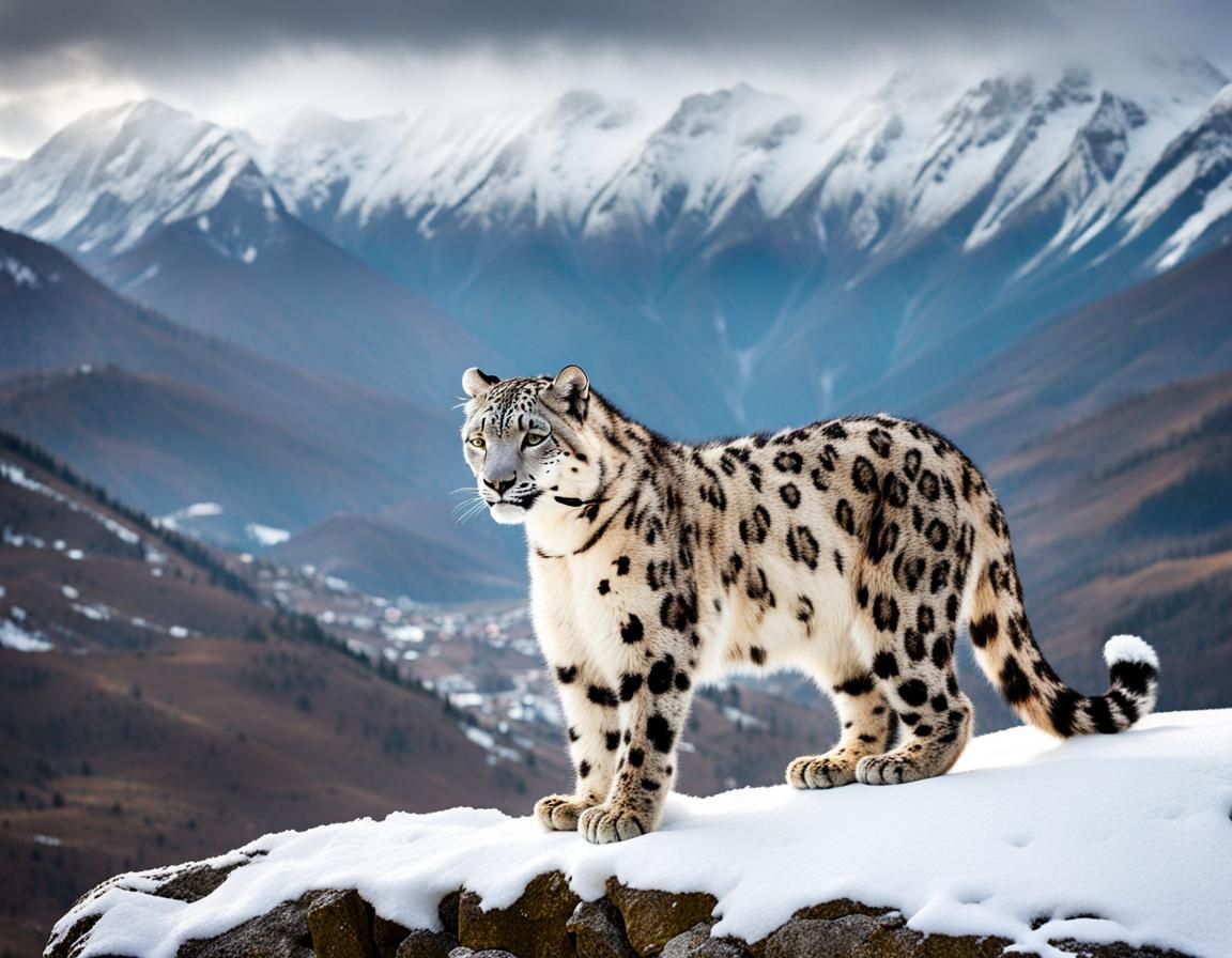Snow Leopard Overlooks Town in Gentle Snowfall