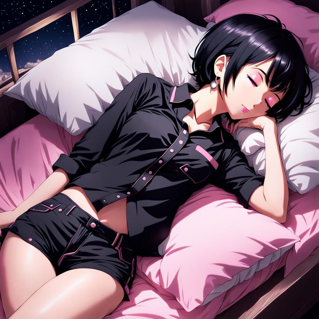 Anime Woman with Black Hair Sleeping at Night