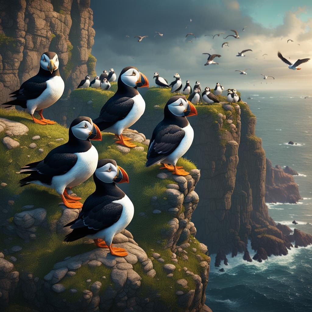 Puffin Birds Roosting: Detailed Matte Painting