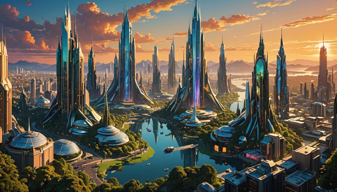 Utopian Cityscape with Perfect Humans in Futuristic Style