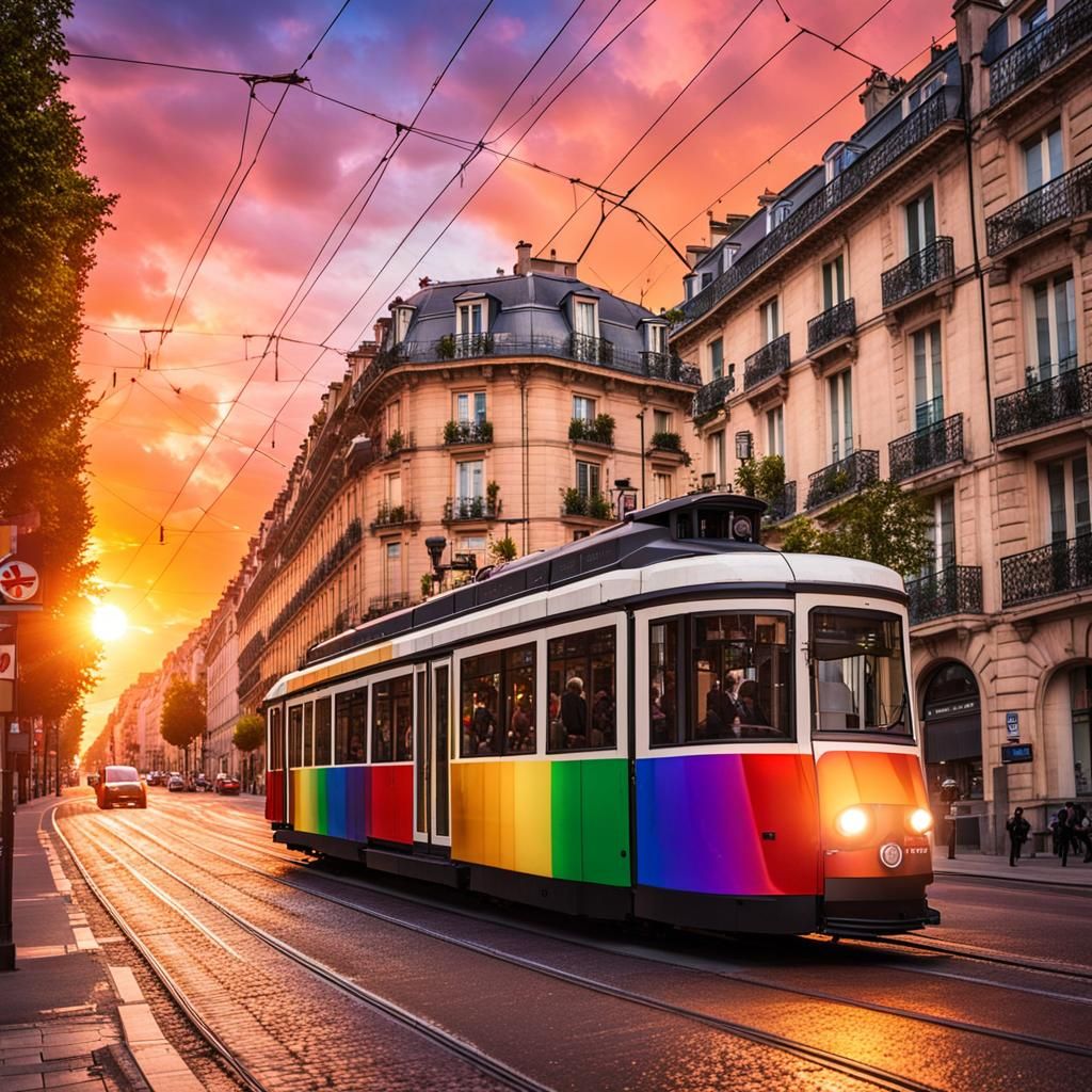 Rainbow Pride tram on French city street by sunset