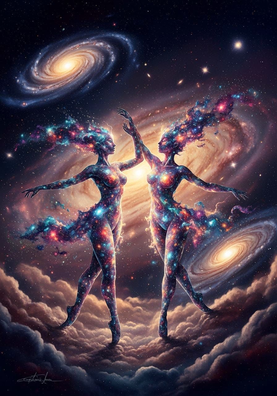 Cosmic Ballet: Ethereal Figures Dance in Stardust