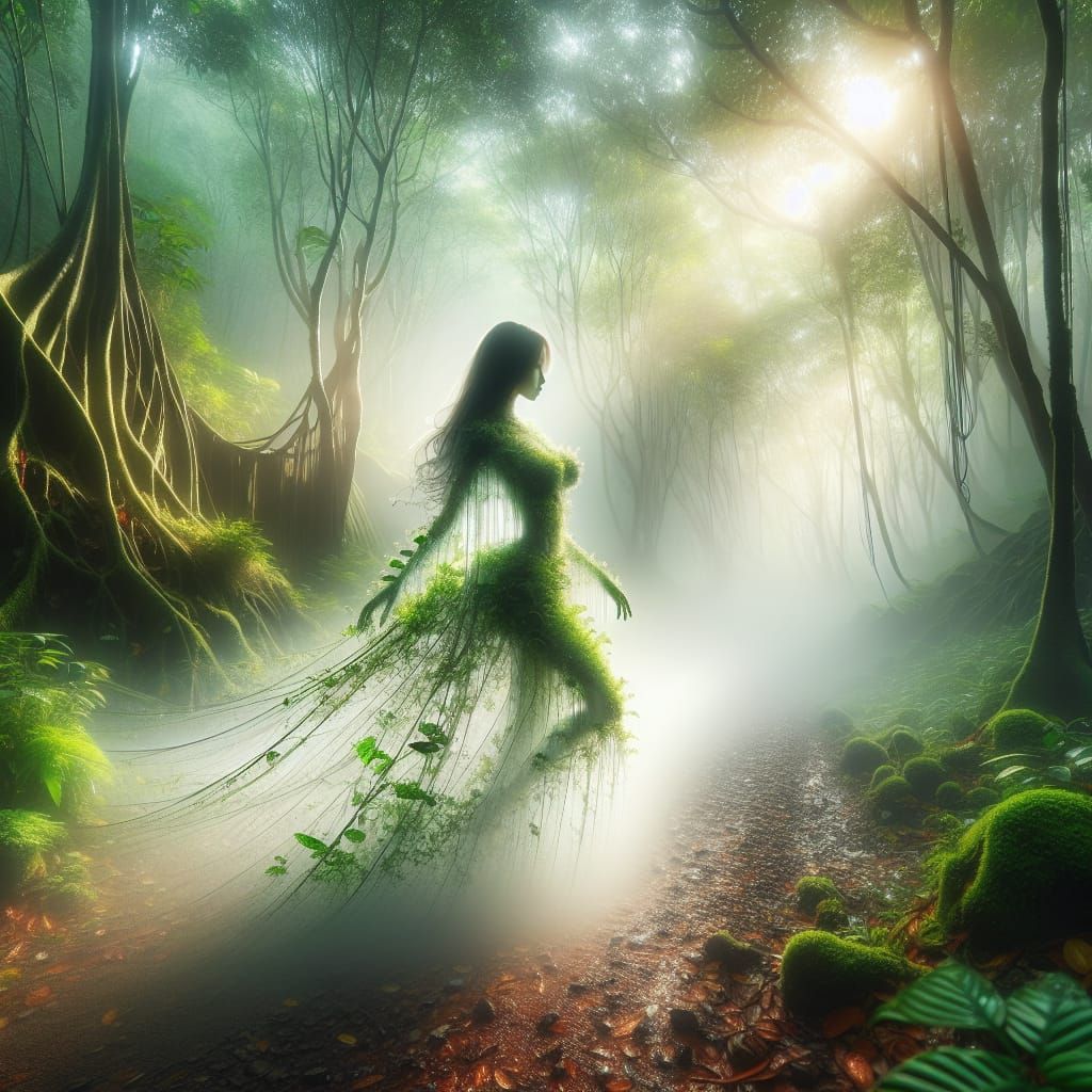 Ethereal Mist Girl Strolls Through Lush Forest