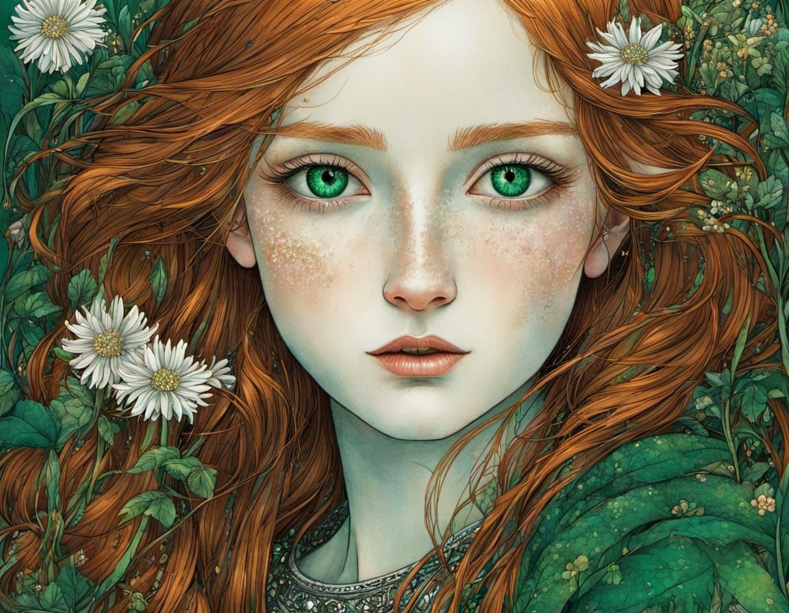 Cute Girl with Emerald Eyes and Ginger Hair Amidst Wildflowe...