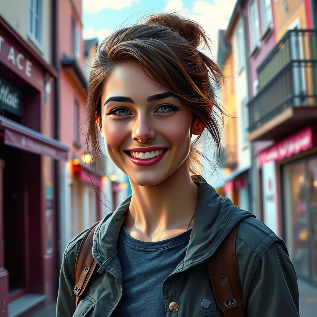Smiling Woman Portrait in La Rochelle, Hyperrealistic Style