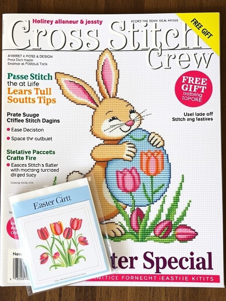 Magazine cover showing a cross stitch design of an Easter Bunny carrying a large egg -header 'Cross Stitch Crew', footer...