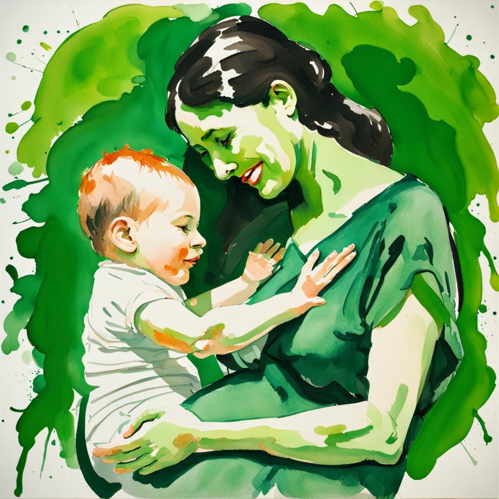 Mother and Child in Gouache Watercolor Style