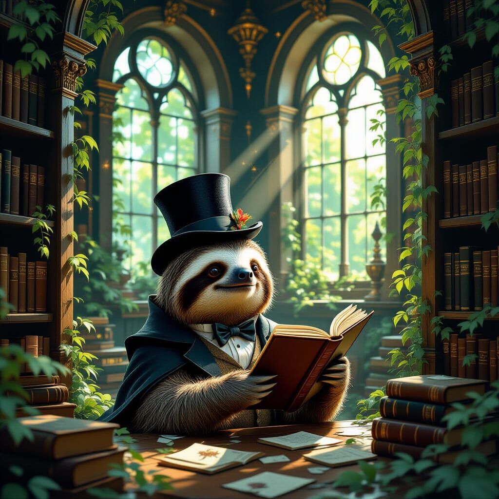Whimsical Sloth Explorer in Overgrown Victorian Library