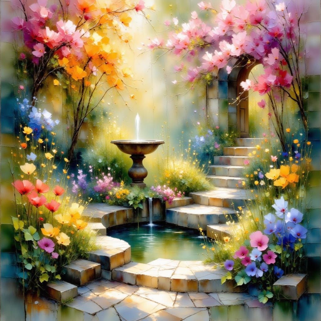 Serene Garden with Dappled Sunlight and Falling Blossoms