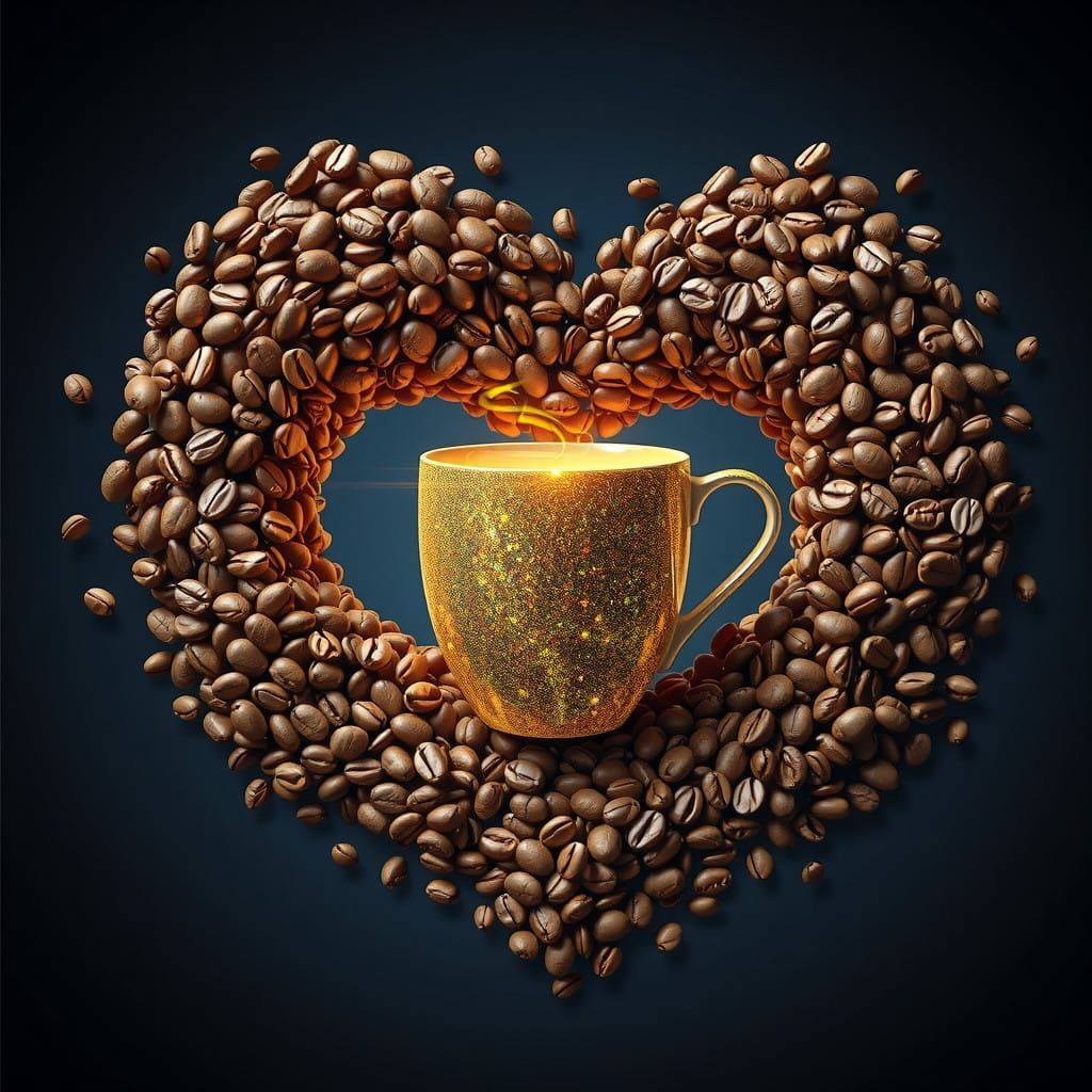 Golden Coffee Mug in Whimsical Coffee Bean Landscape