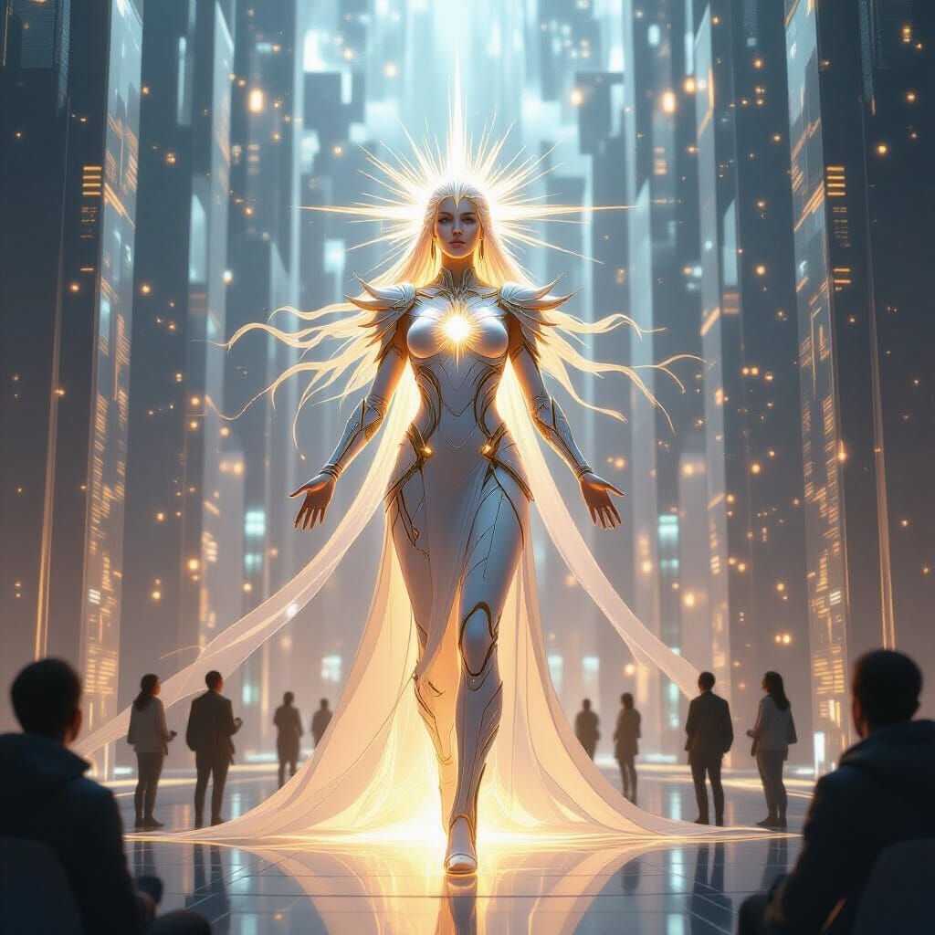 Goddess of Light in Crystalline City: Hyperrealistic Digital...