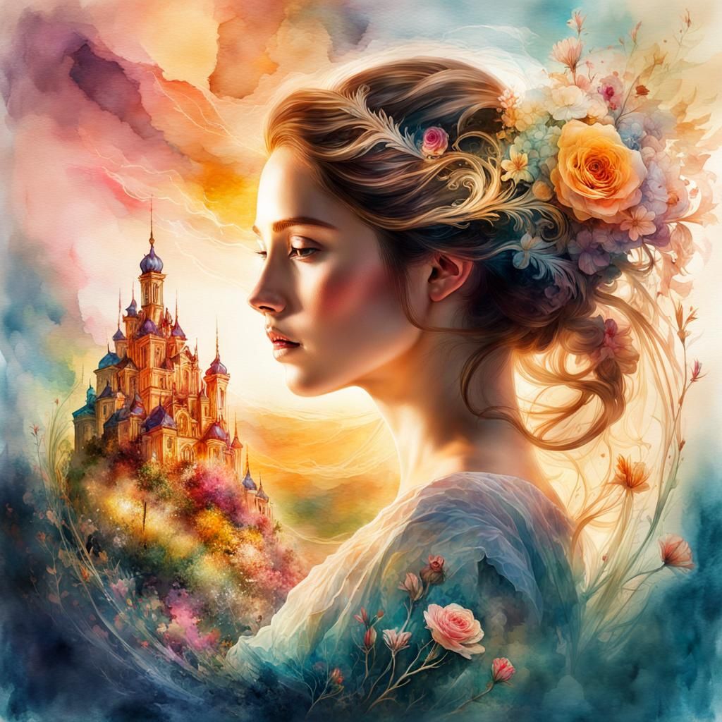 Belle Double Exposure: Digital Watercolor Summerscape