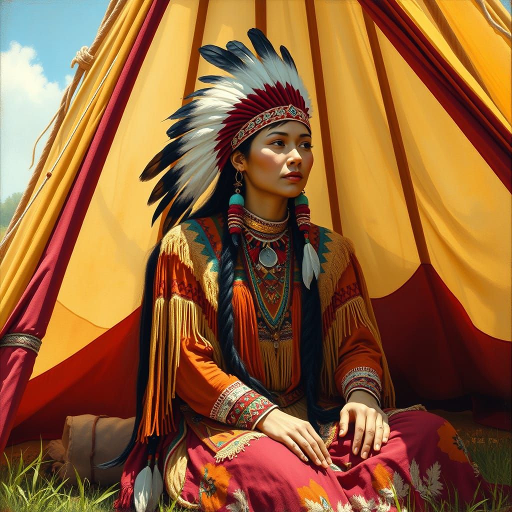 Native American Woman in Teepee, Warm Tones