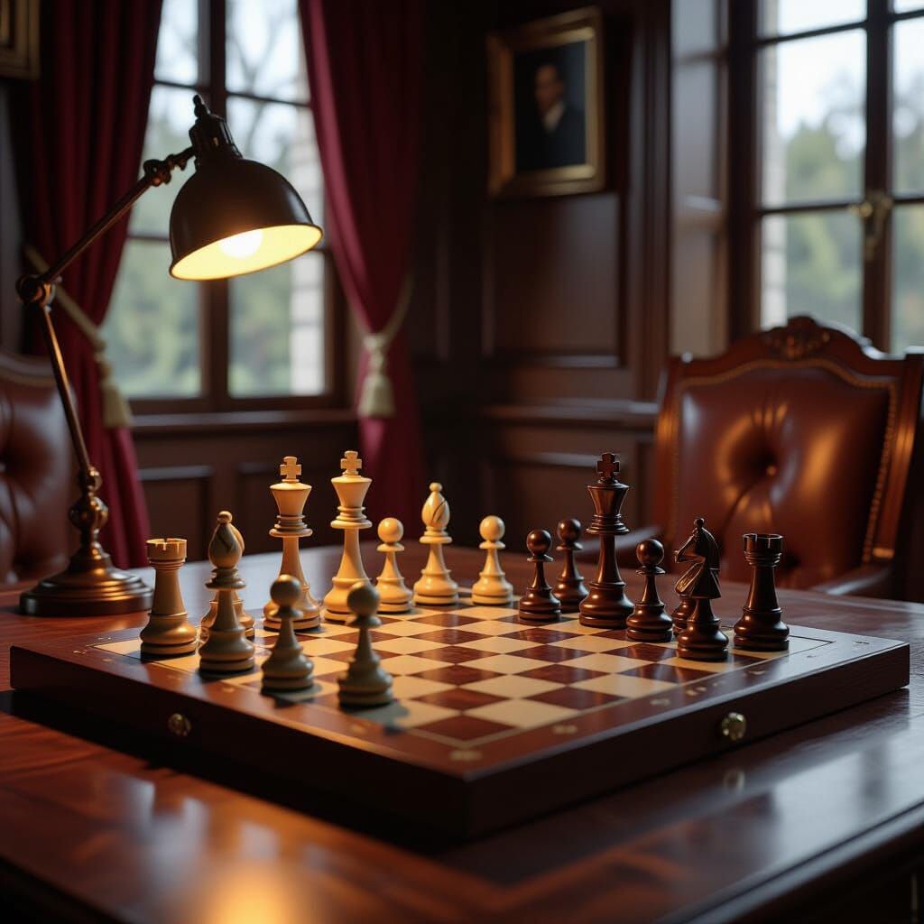 Strategic Chess Position in Dimly Lit Study