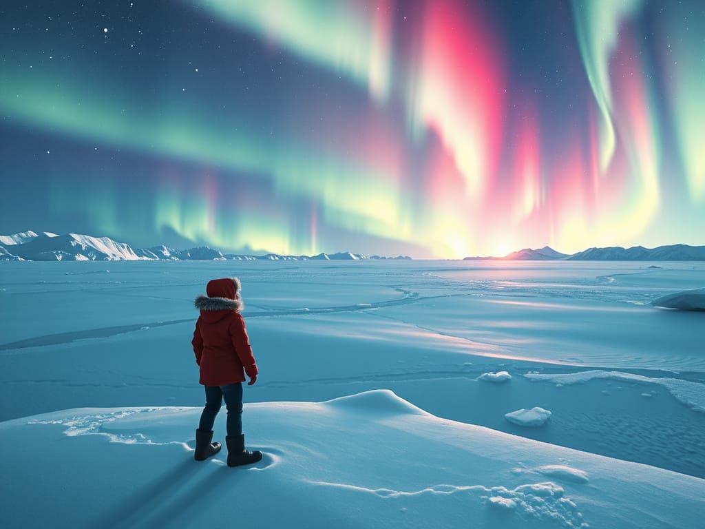 Antarctic Aurora Over Ice Shelf in Storybook Style