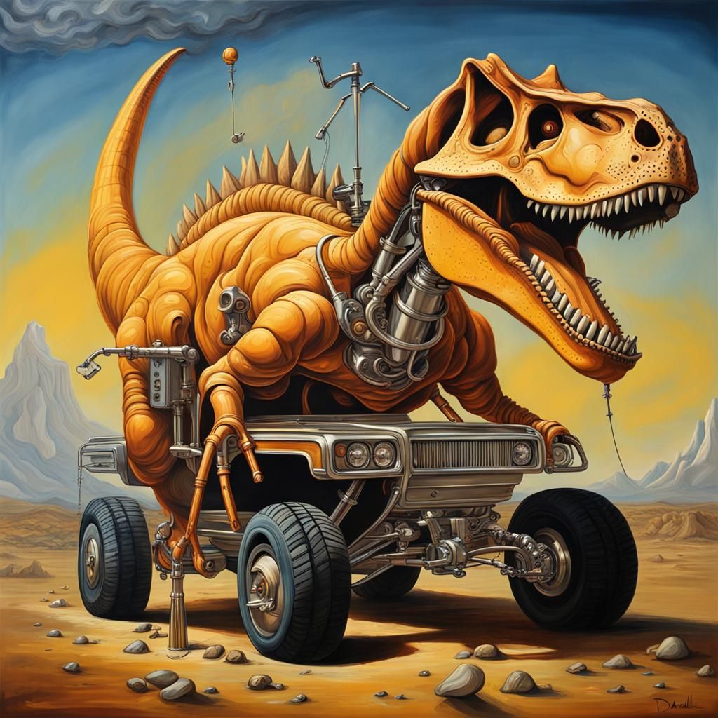 Robotic Dinosaur Fossil Riding Hummer, Surreal Art