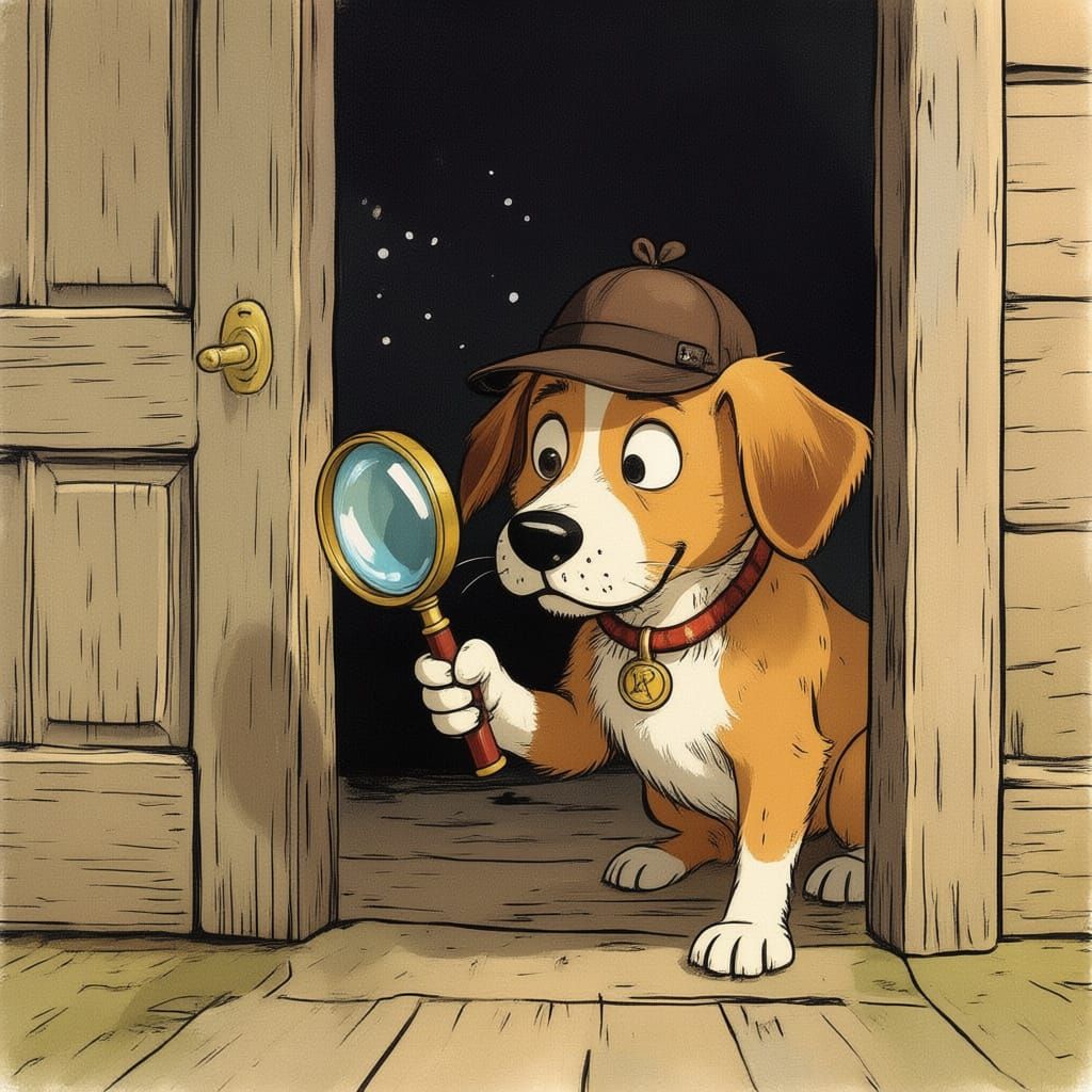 Golden Retriever Detective Peeking Under Door in Storybook S...