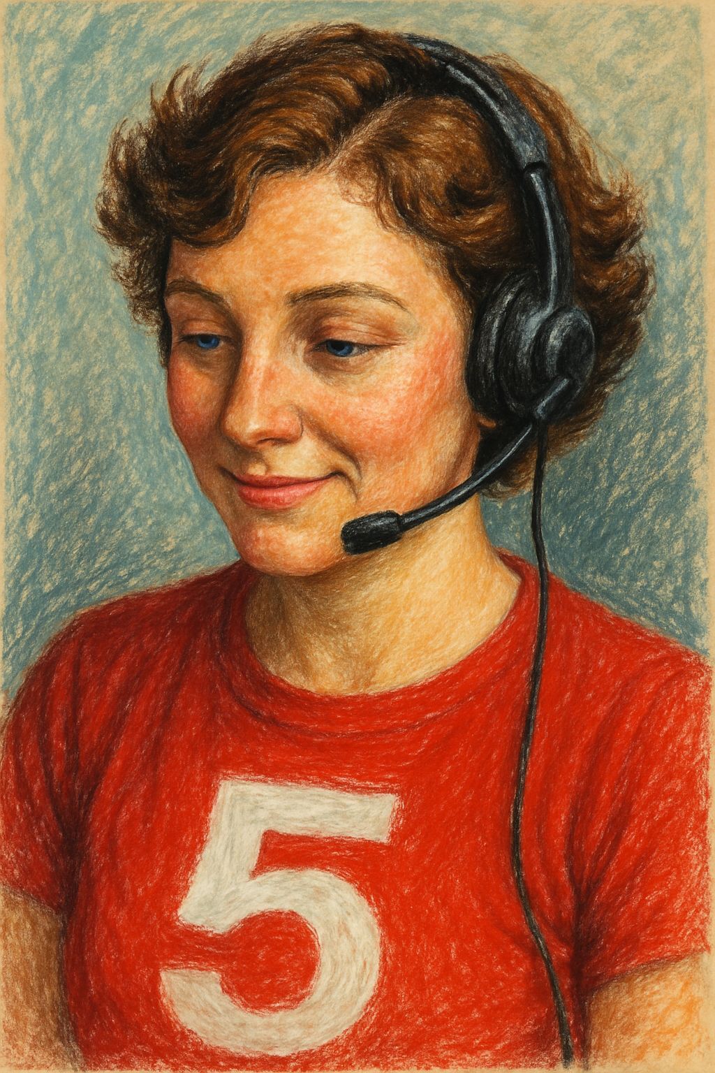 Woman in Red Shirt with Number 5, Oil Pastel Portrait