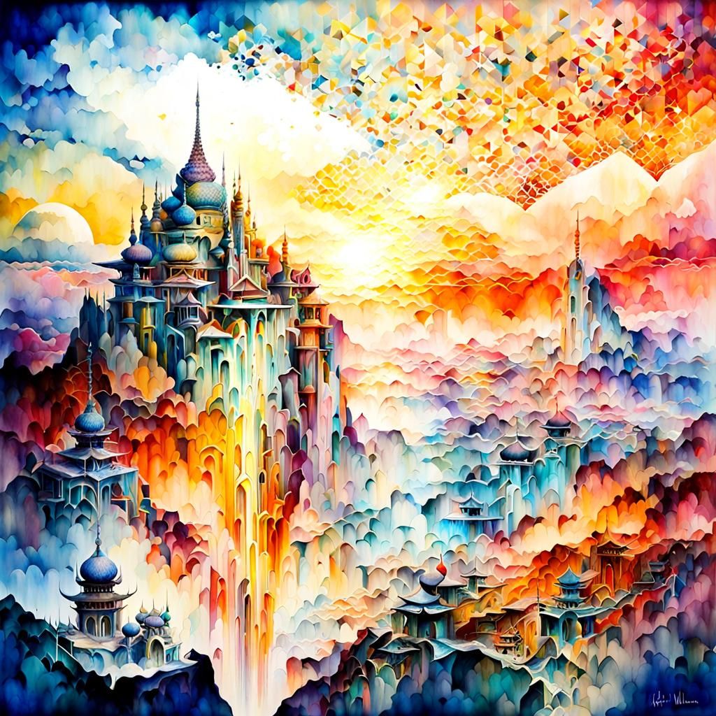 Exotic Sunset Landscape in Watercolor Style