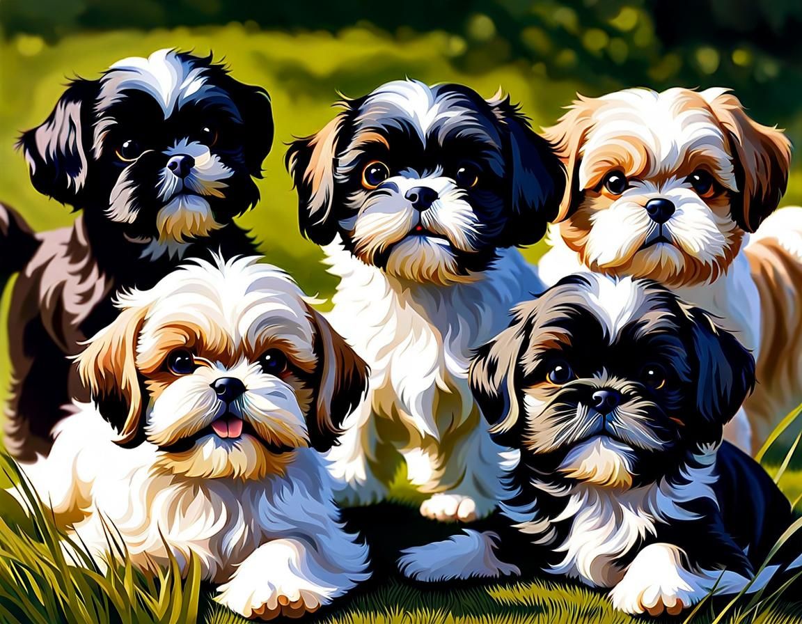 Shih Tzu Dogs Frolic in Sunny Meadow