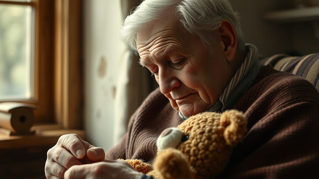 Elderly Person Examines Teddy Bear in Rockwell Style