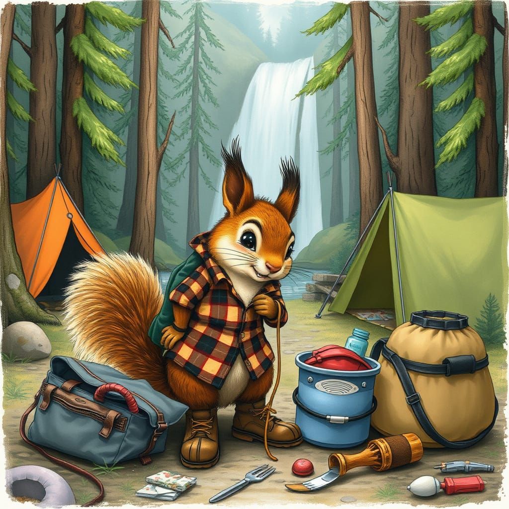Squirrel Mischief at Forest Campsite: Whimsical Art
