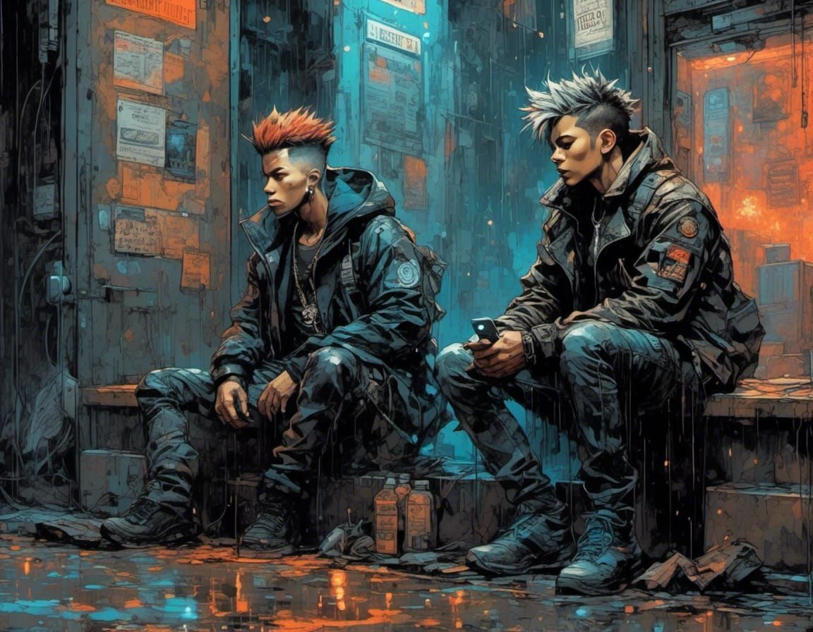 Punk in Rainy Cyberpunk Alleyway