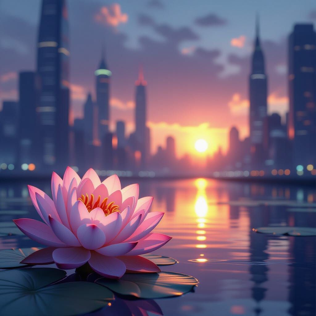 Lotus Flower in Cyberpunk Cityscape with Cinematic Lighting