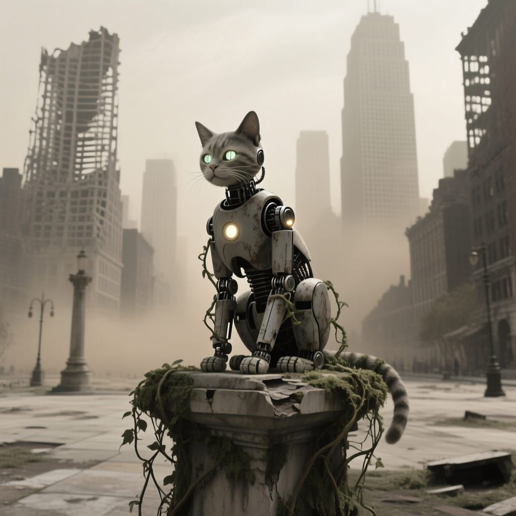 Weathered Android Cat on Pedestal in Post-Apocalyptic City