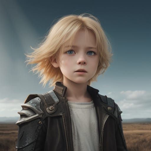 Child with Fiery Eyes in Desolate Landscape