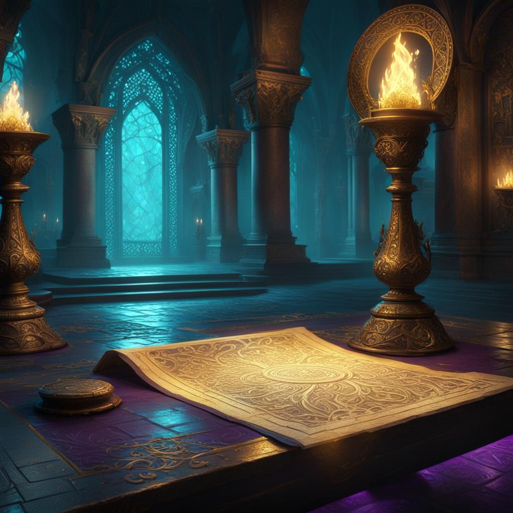 Glowing Teal Magic Scroll, Dark Fantasy Art