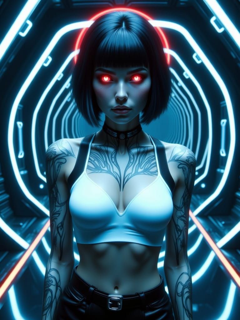 Futuristic cyberpunk woman standing in a glowing sci-fi chamber, pale blue skin illuminated by neon lighting, short blac...