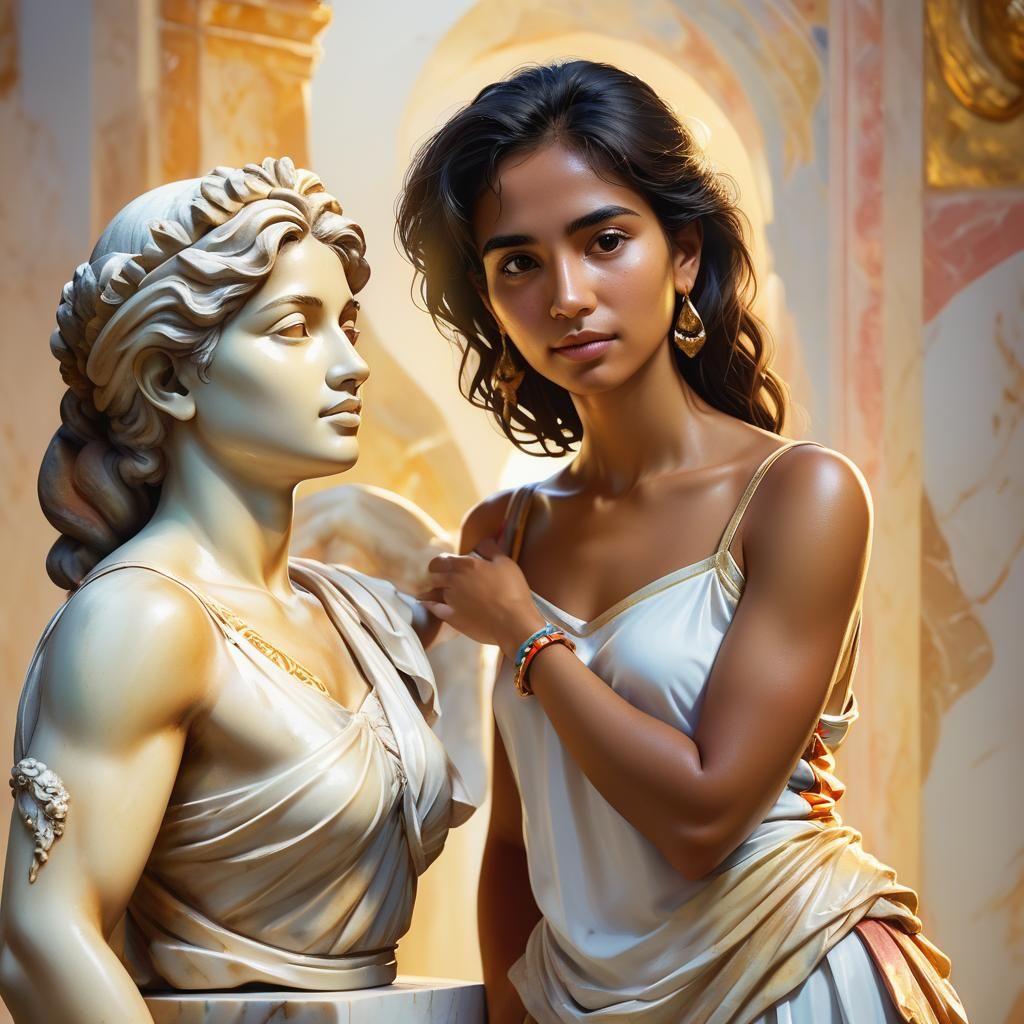 Hispanic Woman and Marble Statue Portrait