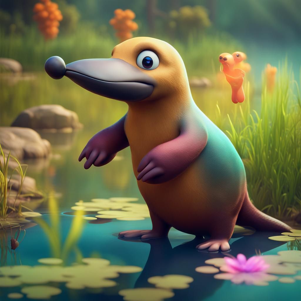 Colorful Platypus Beside Pond: 3D Digital Art